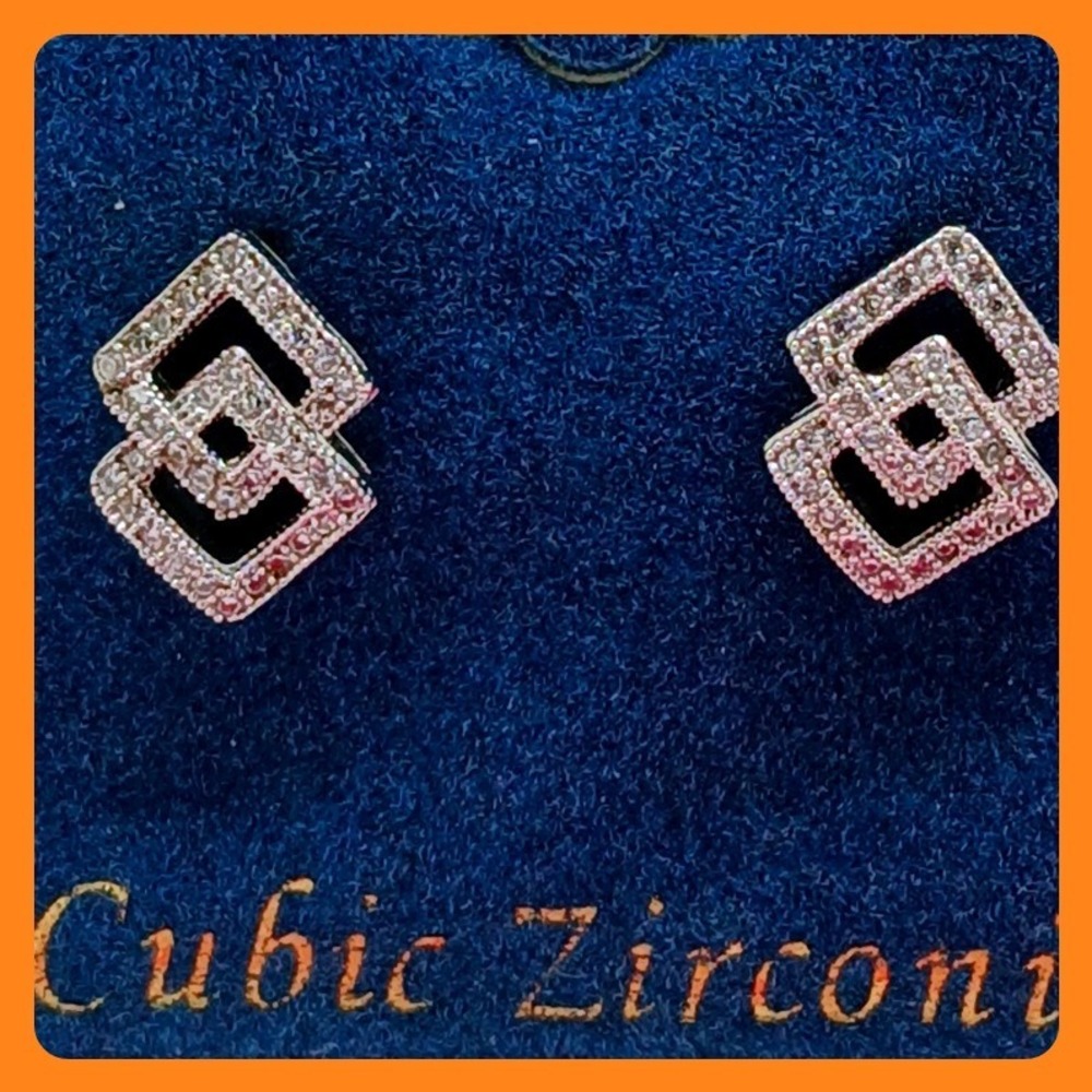 Vintage 1990s Cubic Zirconia Interlocking Square Stud Earrings Silver‎ Tone Rare